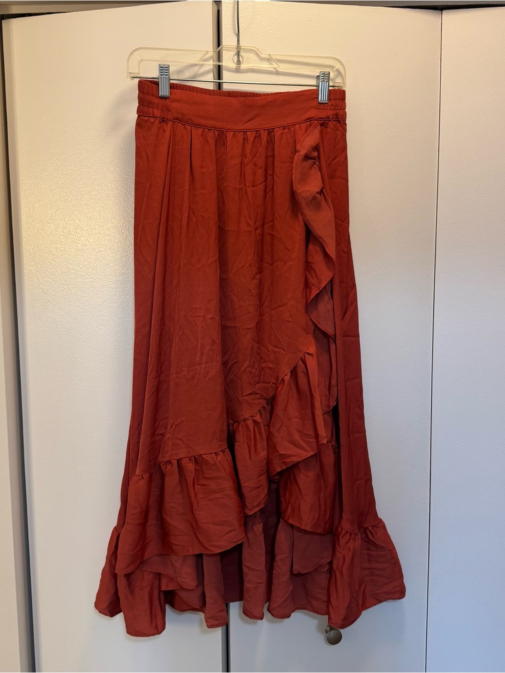 Maje Terracotta High-Low Ruffle Maxi Skirt
